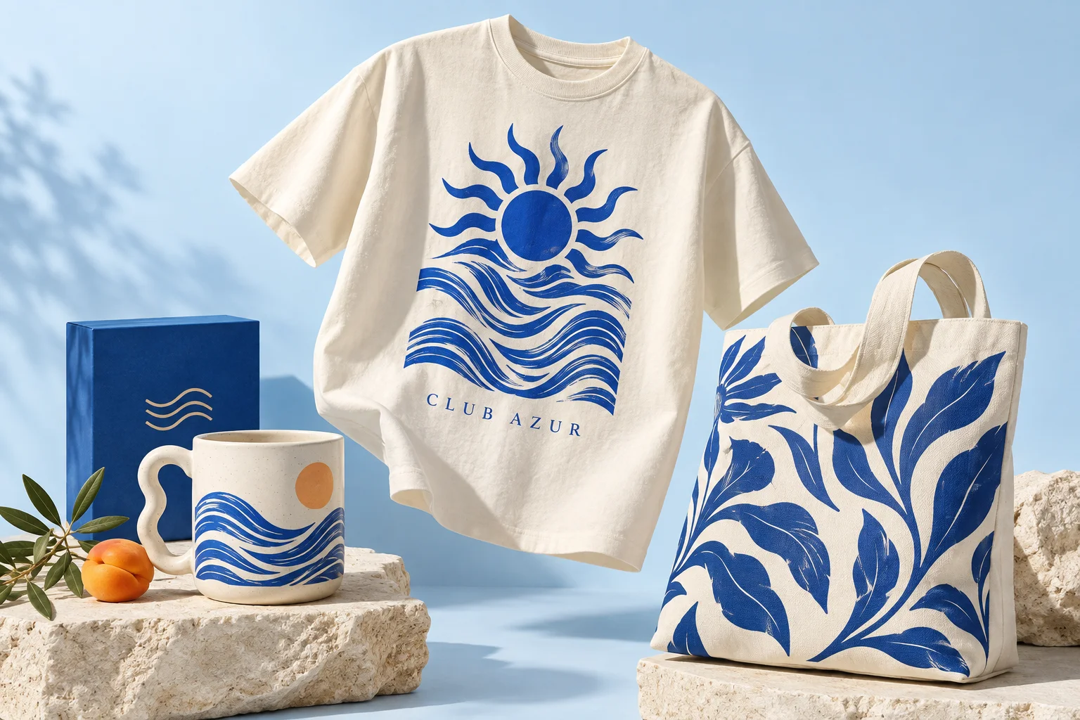An inspirational collection of personalized T-shirts, mugs and tote bags in blue tones.