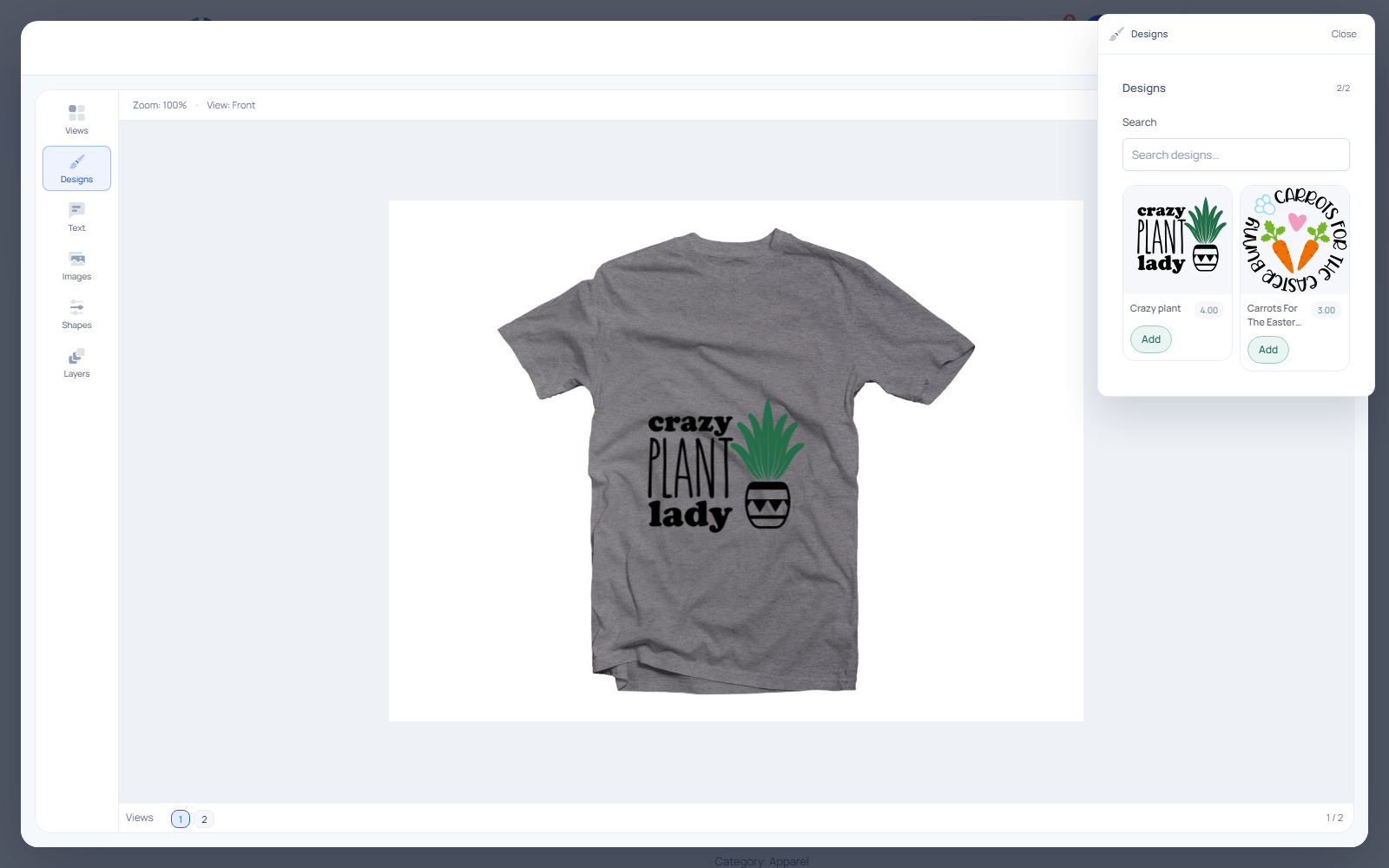 AsukaDesigner editor showing a gray T-shirt personalized with a plant motif and the design library open.