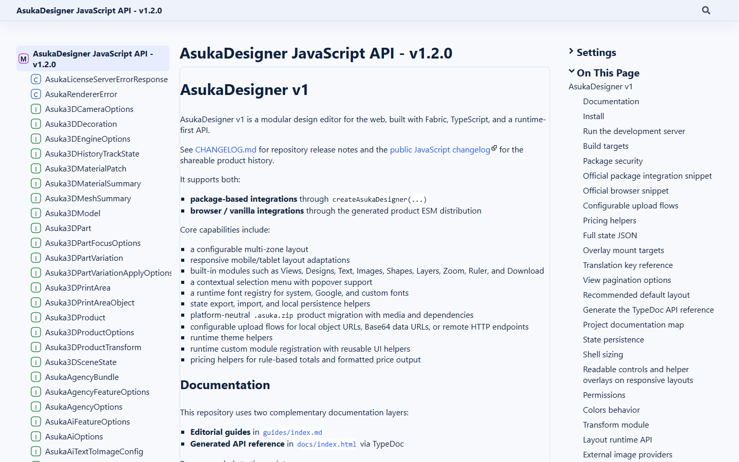 Référence API TypeScript générée d’AsukaDesigner avec classes, interfaces et guides d’intégration.