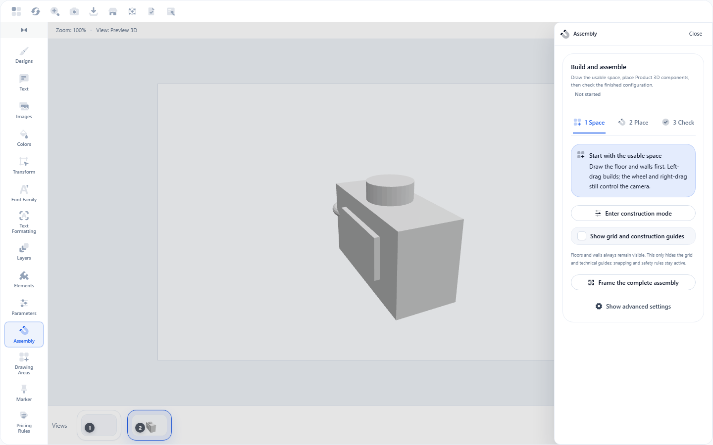 AsukaDesigner 3D Assembly workspace with the guided Space, Place, and Check workflow.