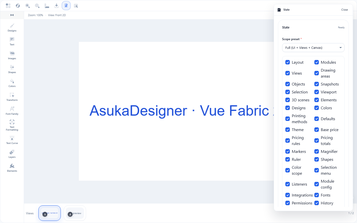 Module State d’AsukaDesigner avec les périmètres d’export de la disposition, des vues, objets, catalogues et scènes 3D.