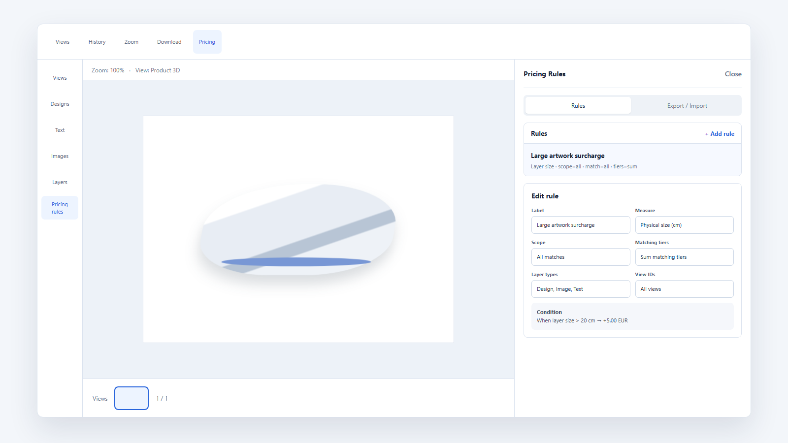 Règles tarifaires configurées dans le designer JavaScript.