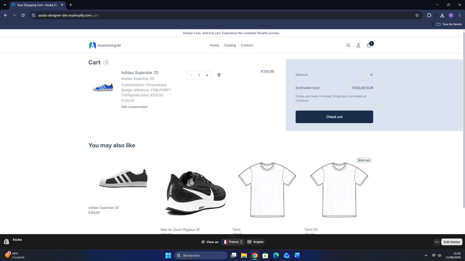 Panier Shopify avec aperçu personnalisé, détails de configuration et lien de modification.