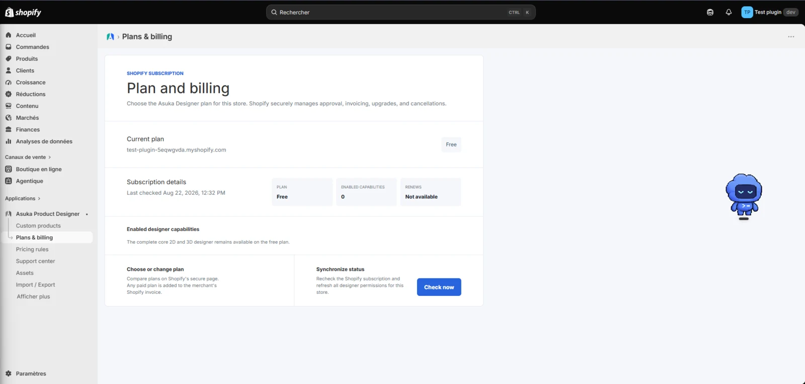État des forfaits et de la facturation dans Asuka Product Designer pour Shopify.