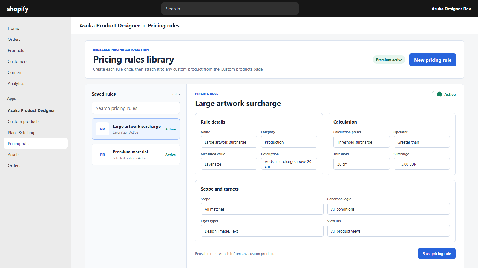 Reusable pricing-rule library in Shopify Admin.