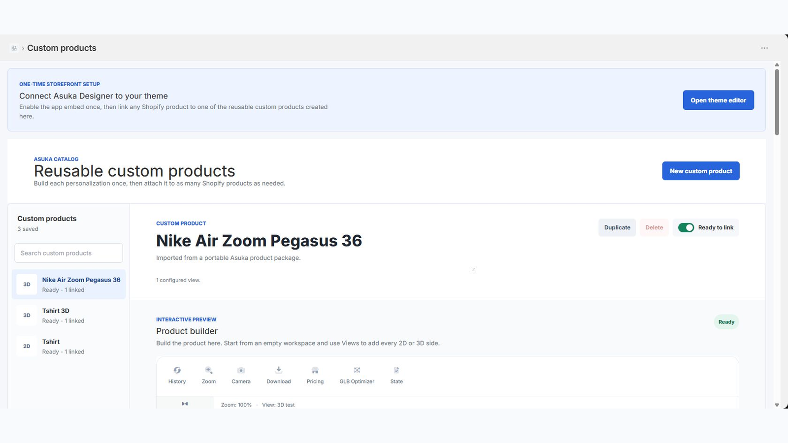 Constructeur de produit personnalisé Asuka Product Designer intégré dans Shopify Admin.
