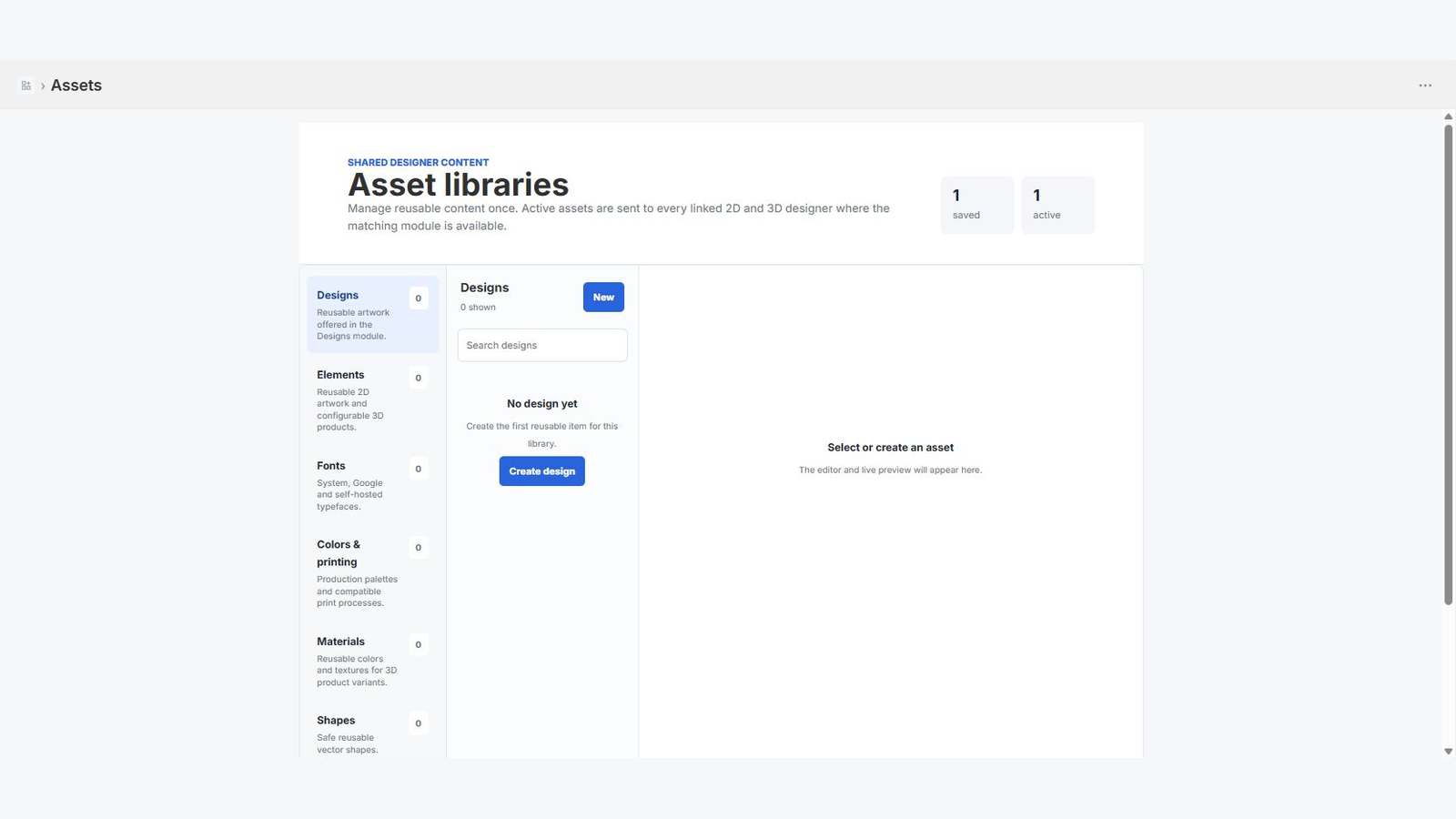 Bibliothèques de médias Asuka Designer intégrées dans Shopify Admin.