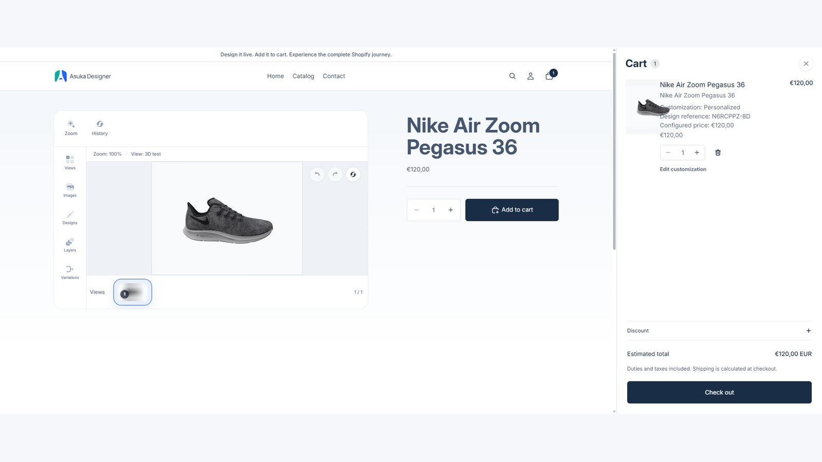 Customized Shopify cart line with preview and edit action.