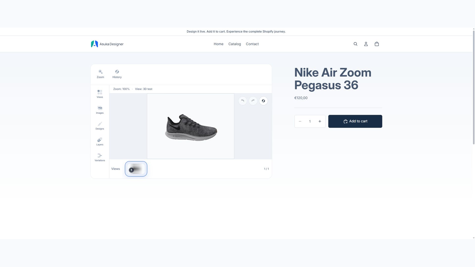Interactive 3D custom product on a Shopify storefront product page.