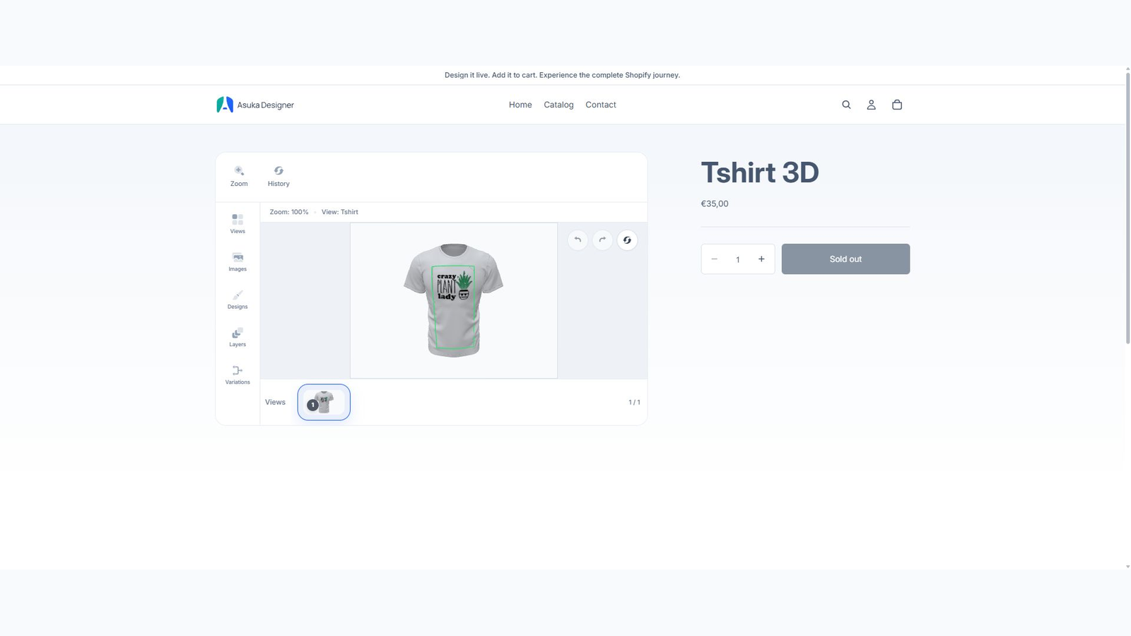 Customer artwork applied to a 3D T-shirt on Shopify.