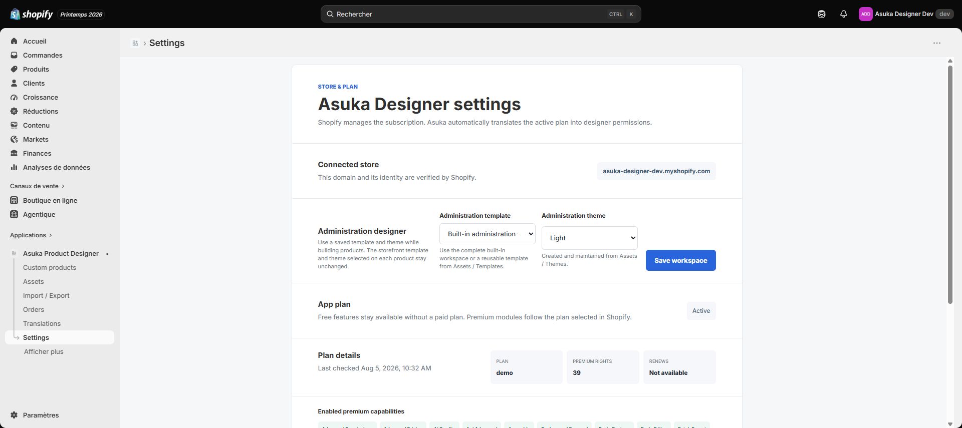 Réglages d’Asuka Product Designer dans Shopify Admin.