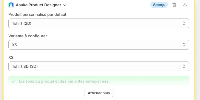 Bloc Asuka Product Designer associant les variantes Shopify aux produits personnalisés.