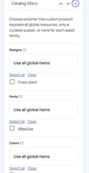 Storefront catalog filters for reusable Asuka Designer assets.