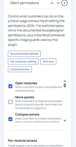 Customer permissions configured in the WordPress product designer.