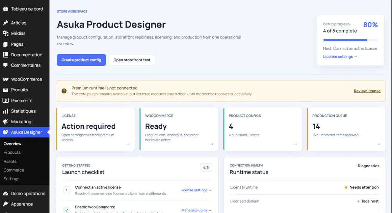 Vue d’ensemble de l’administration Asuka Designer dans WordPress.
