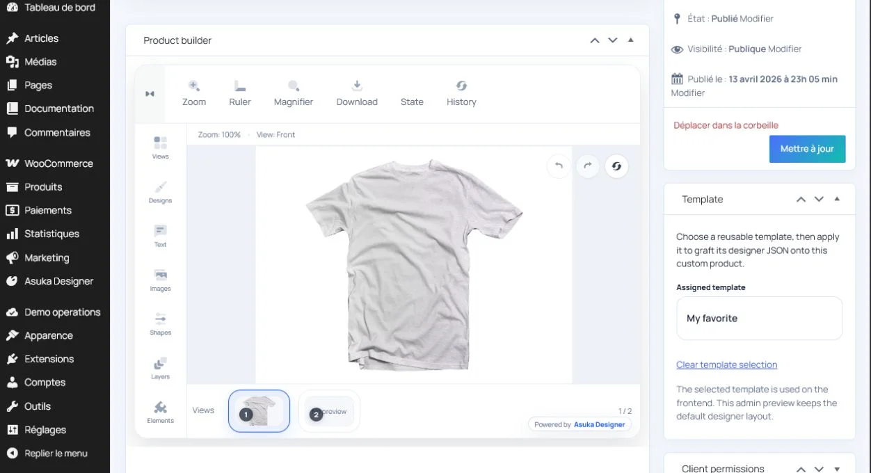Produit personnalisé 2D réutilisable dans le constructeur WordPress.
