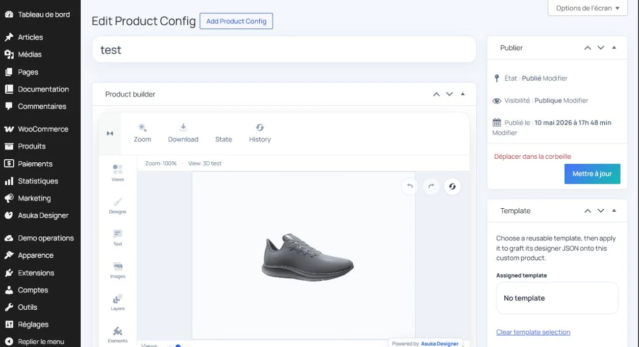 Produit personnalisé 3D réutilisable dans le constructeur WordPress.