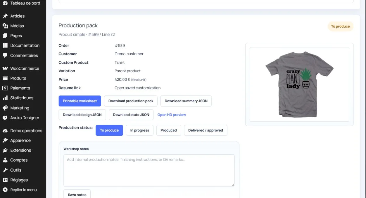 Outils de package de production pour une commande WooCommerce personnalisée.