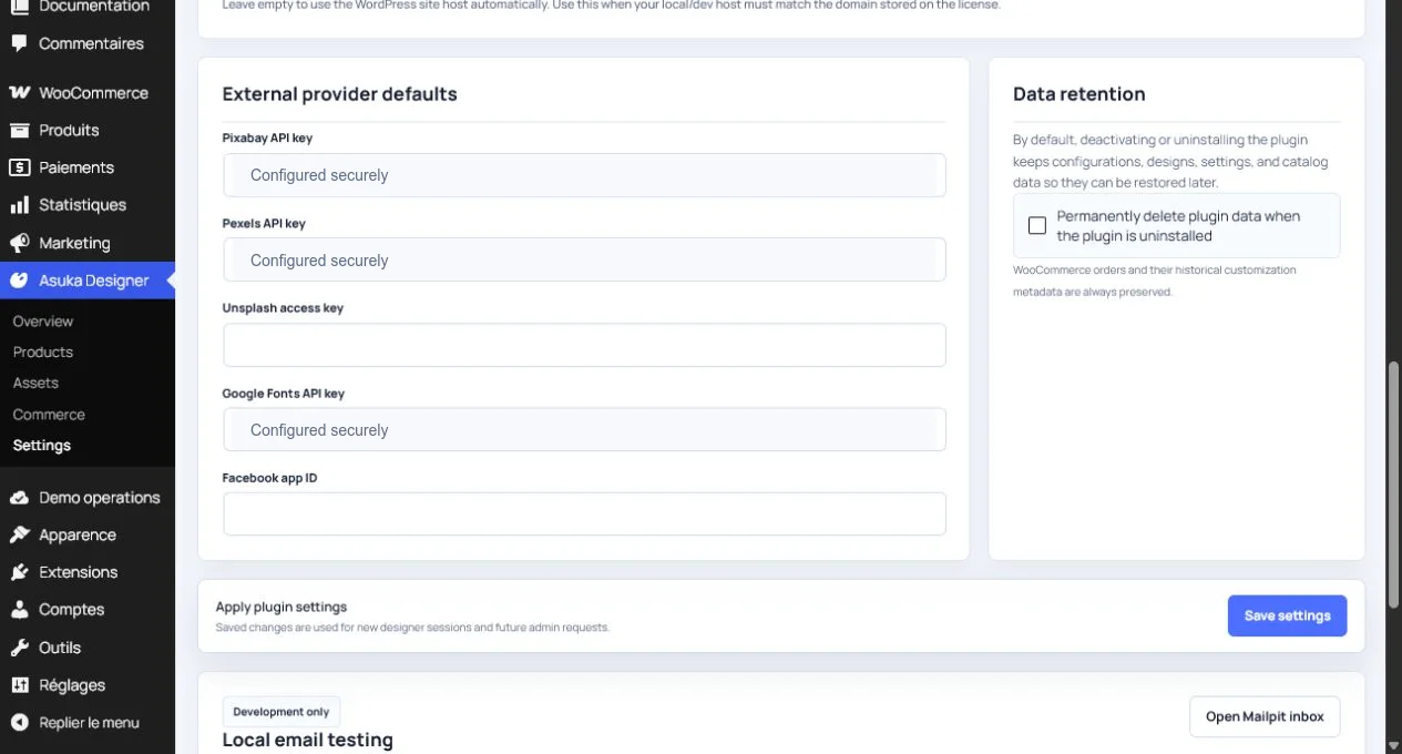 Réglages des fournisseurs média pour la recherche et les uploads client.