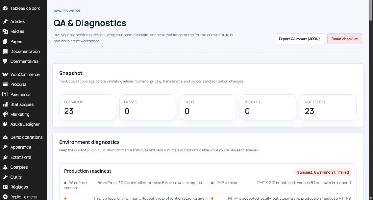 WordPress diagnostics for the Asuka Product Designer environment.
