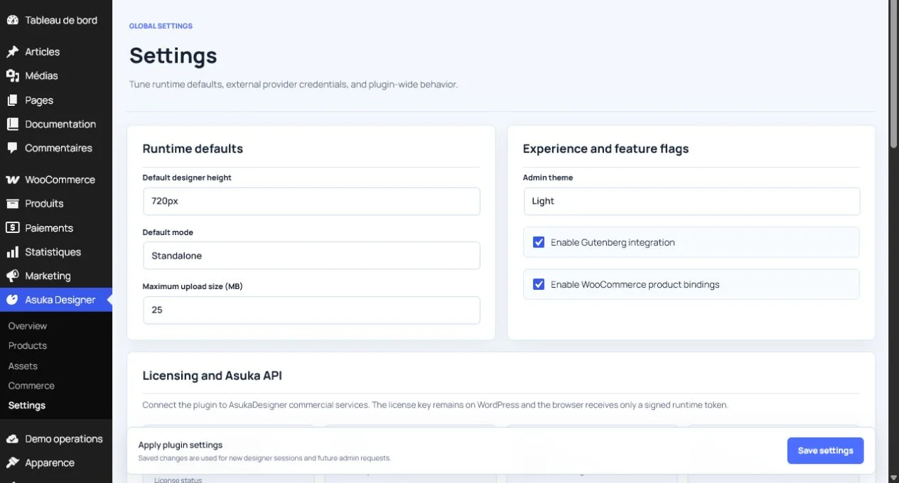 Réglages du moteur Asuka Designer dans l’administration WordPress.