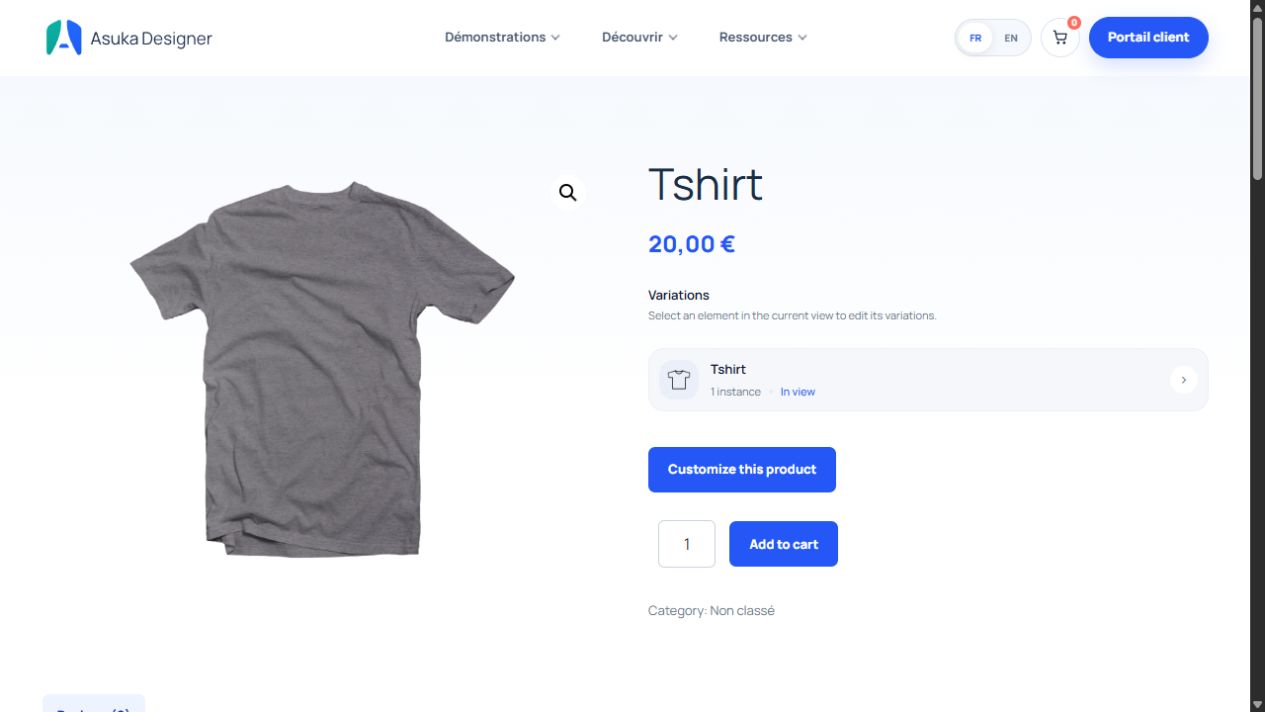 Page produit WooCommerce avec AsukaDesigner, options, quantité et ajout au panier.