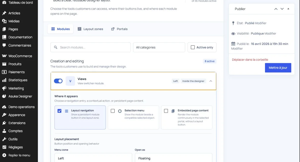 Designer template module placement in WordPress administration.
