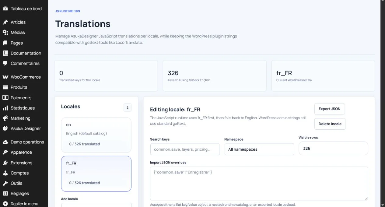 Translation catalog editor in Asuka Product Designer for WordPress.