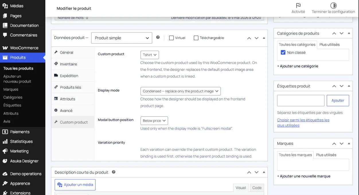 Asuka Designer assignment panel on a WooCommerce product.